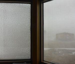 The corner of a building shot from inside, with the left window frosted over and the right showing a very dreary day at Mawson station