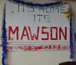 Welcome to Mawson sign with Christmas decorations