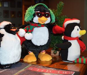 Three stuffed Christmas penguin toys dressed in hats, scarves and sunglasses