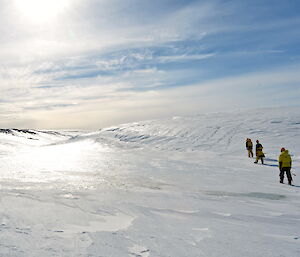 Three expeditioners walking on sea ice
