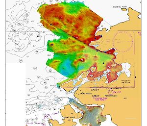 Coloured survey map of water depths at Casey