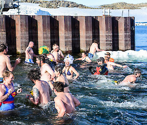 A group of expeditioners in the Australia Day swim.