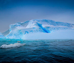 Iceberg sticks out of water, almost in a dome shape with uneven top