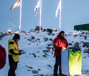 Expeditioner reads the ‘Ode’ during the dawn service