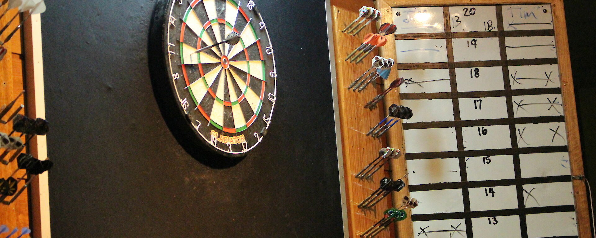 A dart board and score board next to it