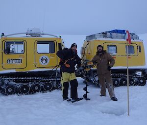 Expeditioners in front of vehicle after samples taken