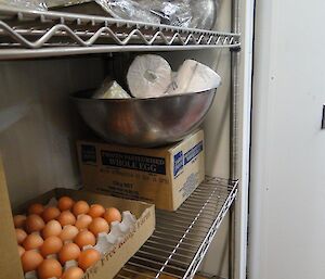 Toilet paper stored in fridge in a big silver bowl.