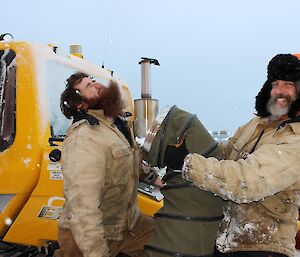 Expeditioners use industrial blower to dry beards