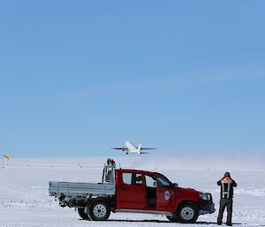 Aircraft departs Wilkins aerodrome.