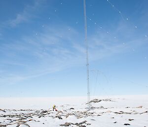 A tall metal mast is tethered securely to the ground by neatly spaced wires. The ground is covered in snow.