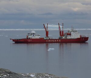 Chinese ship in harbour, quite a long ship with two large cranes. The shore with penguins is seen in the foreground.