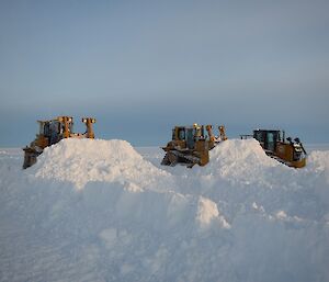 Three dozers staggered in line all pushing a large mound of snow in front of them.