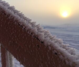 Frost on the cold porch railing outside the red shed with the sun in the background.