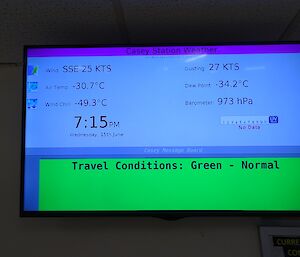 A photo of the weather display board showing the temperature at −25° with a wind chill of −49.3°.