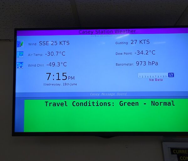 A photo of the weather display board showing the temperature at −25° with a wind chill of −49.3°.