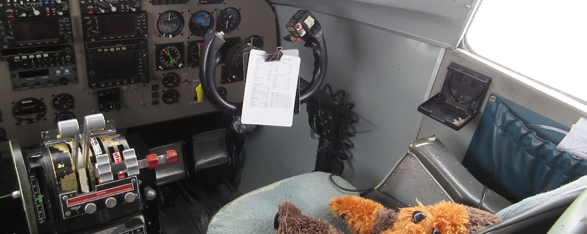 Walter (stuffed soft toy) sitting in the pilot’s seat of a Ken Borek Air Basler aircraft.