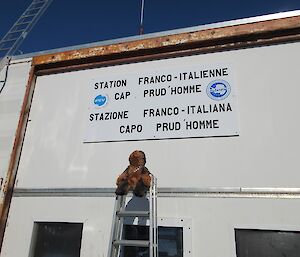 Walter (stuffed soft toy) tied to an aluminium ladder and placed in front of “Dome C” Antarctic station sign.