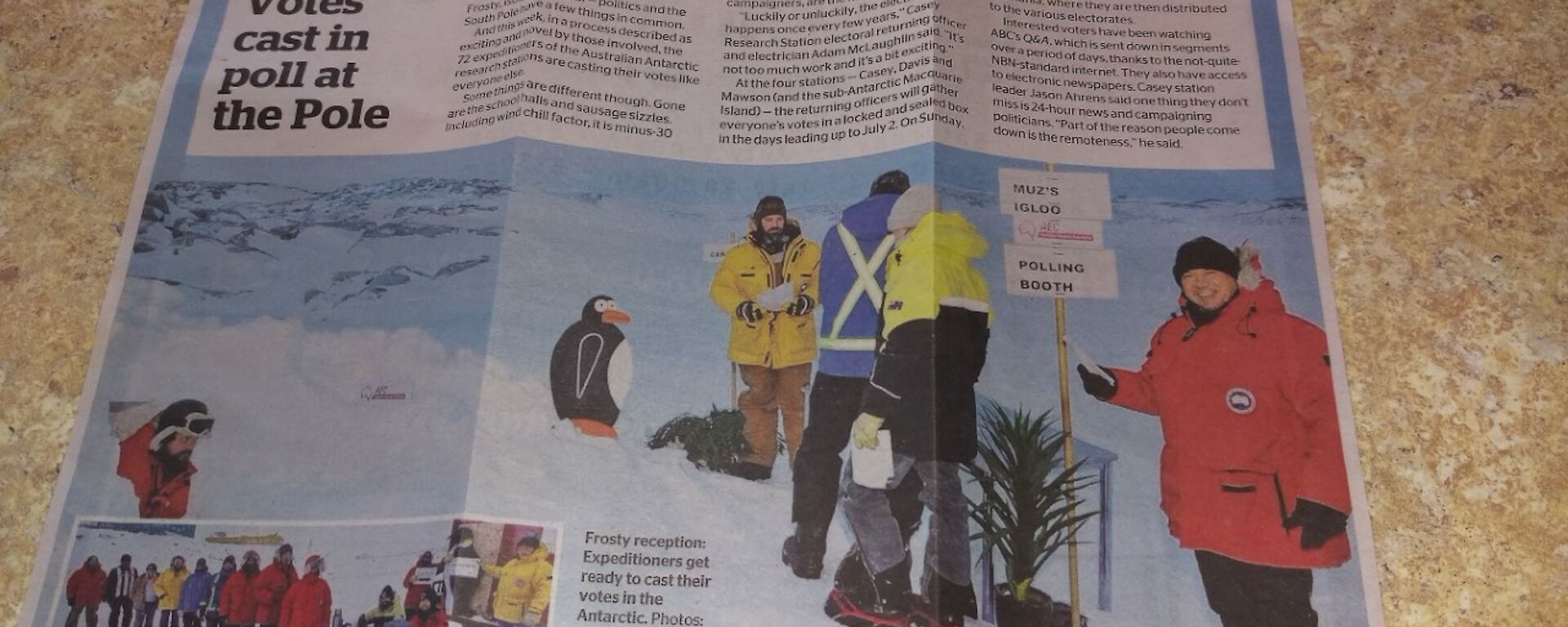 Photo of a news pare story done on voting in Antarctica with Shifty (penguin cut out) in line to vote.