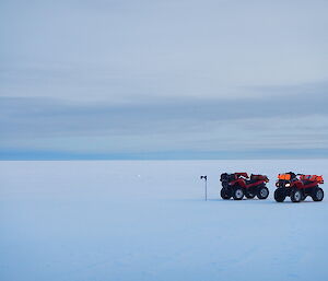 Two quad bikes and an ice drill standing up on the sea ice with nothing else as far as the eye can see.