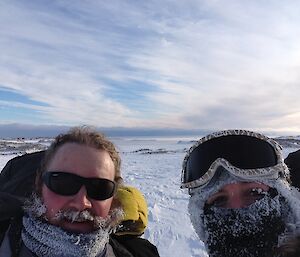 Pete with a frozen beard and Rachel with frozen eye lashes.