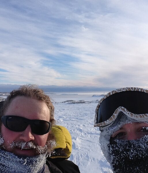 Pete with a frozen beard and Rachel with frozen eye lashes.