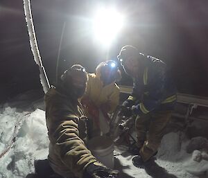 Nate, Sam and Nick at the completion of the fuel transfer preparing to launch the “pig” to clear the fuel line.