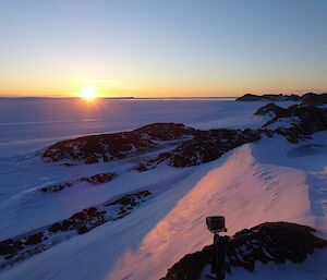 The sun setting over the Vanderfort Glacier