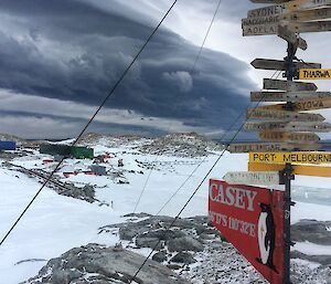 Dark clouds gather with Casey sign in foreground