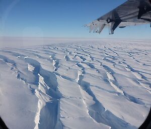 An airial view of crevassed ice on the Totten Glacier