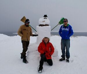 Three men stand in front of a snowman they have built