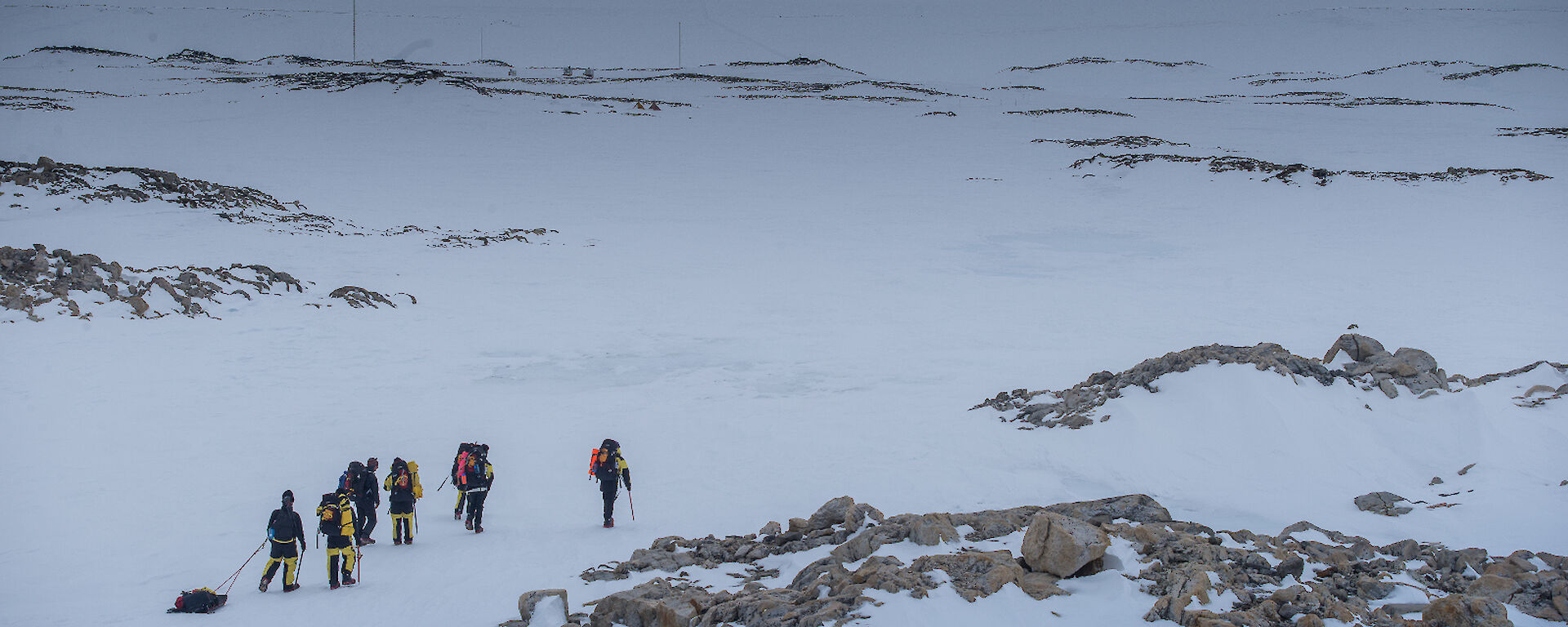 A group of expeditioners walking across the snow.