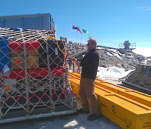 A pallet of cargo is prepared for transportation.