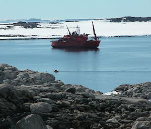 Aurora Australis icebreaker with cranes poised to unload