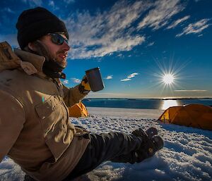 Casey Forecaster Jake camping on the Mitchell Peninsula near Casey Station