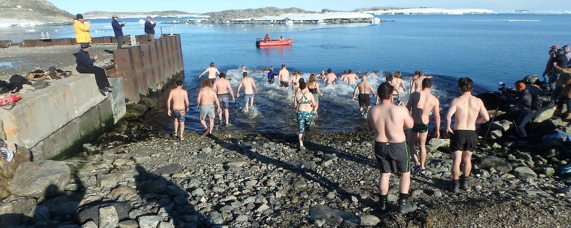 Casey expeditioners go in for a swim at the Casey boat ramp