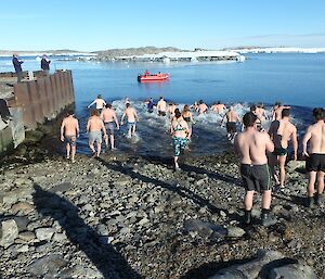 Casey expeditioners go in for a swim at the Casey boat ramp