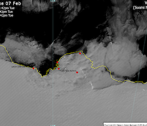 A satellite image of the Antarctic coastline