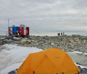 A tent is pitched near Jack’s Hut