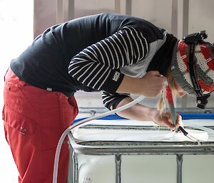 Elise inspecting an IBC