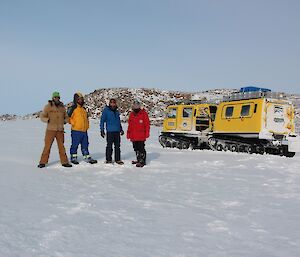 Four expeditions pose with a yellow Hägglunds vehicle