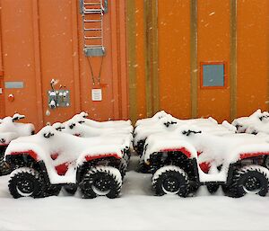 Quad bikes parked outside orange wall covered in snow