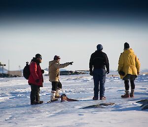 Foiur expedioners on the snow one pointing