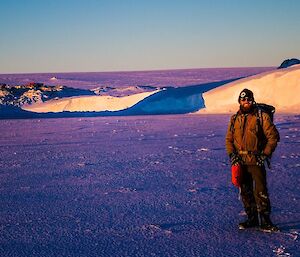 Zac on the sea ice in front of Station