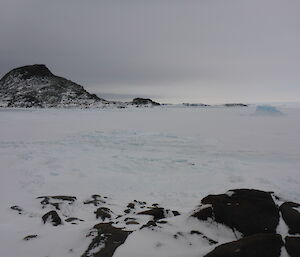 Island and ice berg in sea ice.