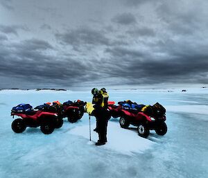 Four quad bikes and an expeditioner on the sea ice