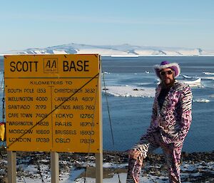 Scottish with the Scott base sign in patterned suit and cowboy hat