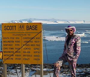 Scottish with the Scott base sign in patterned suit and cowboy hat