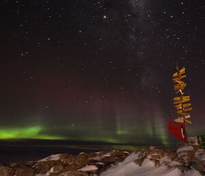 Aurora in the sky over the Casey sign.