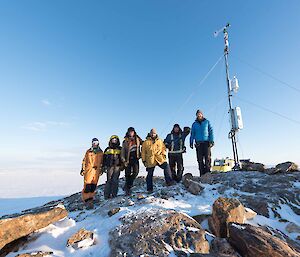 Six expeditioners standing on Haupt Nunatak