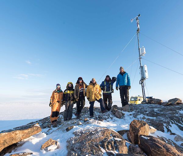 Six expeditioners standing on Haupt Nunatak